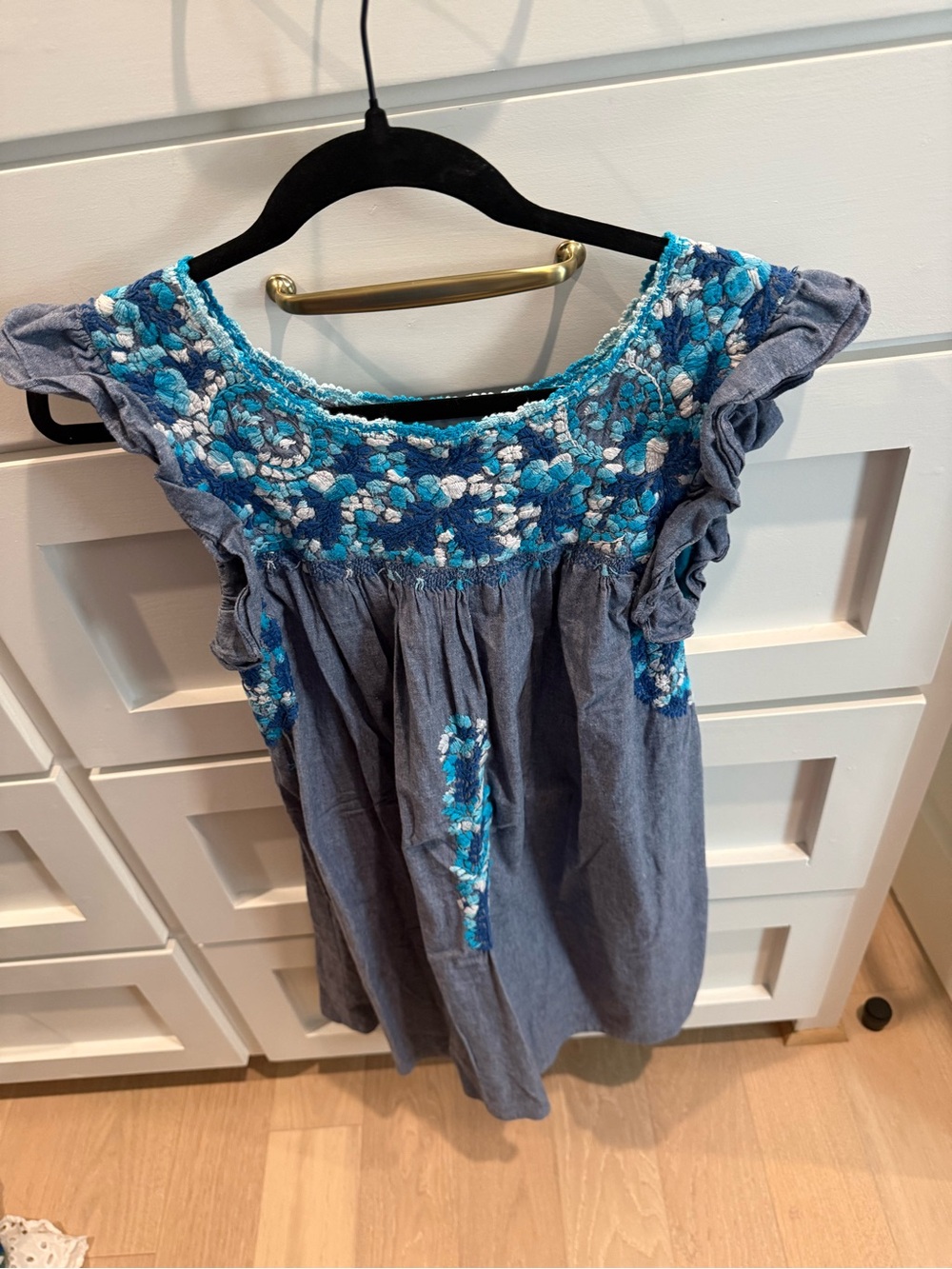 Mi Golondrina Blue Embroidered Peasant Blouse with Turquoise Accents